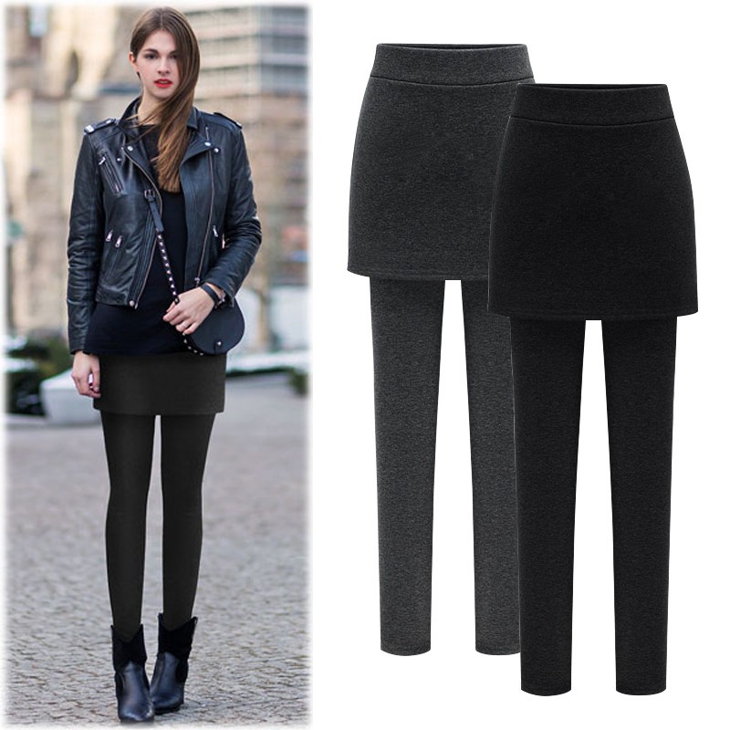 Plus size women's clothing for fat girls autumn and winter thickened fleece-lined one-piece trousers stretch high waist tight leggings skirt for 200kg