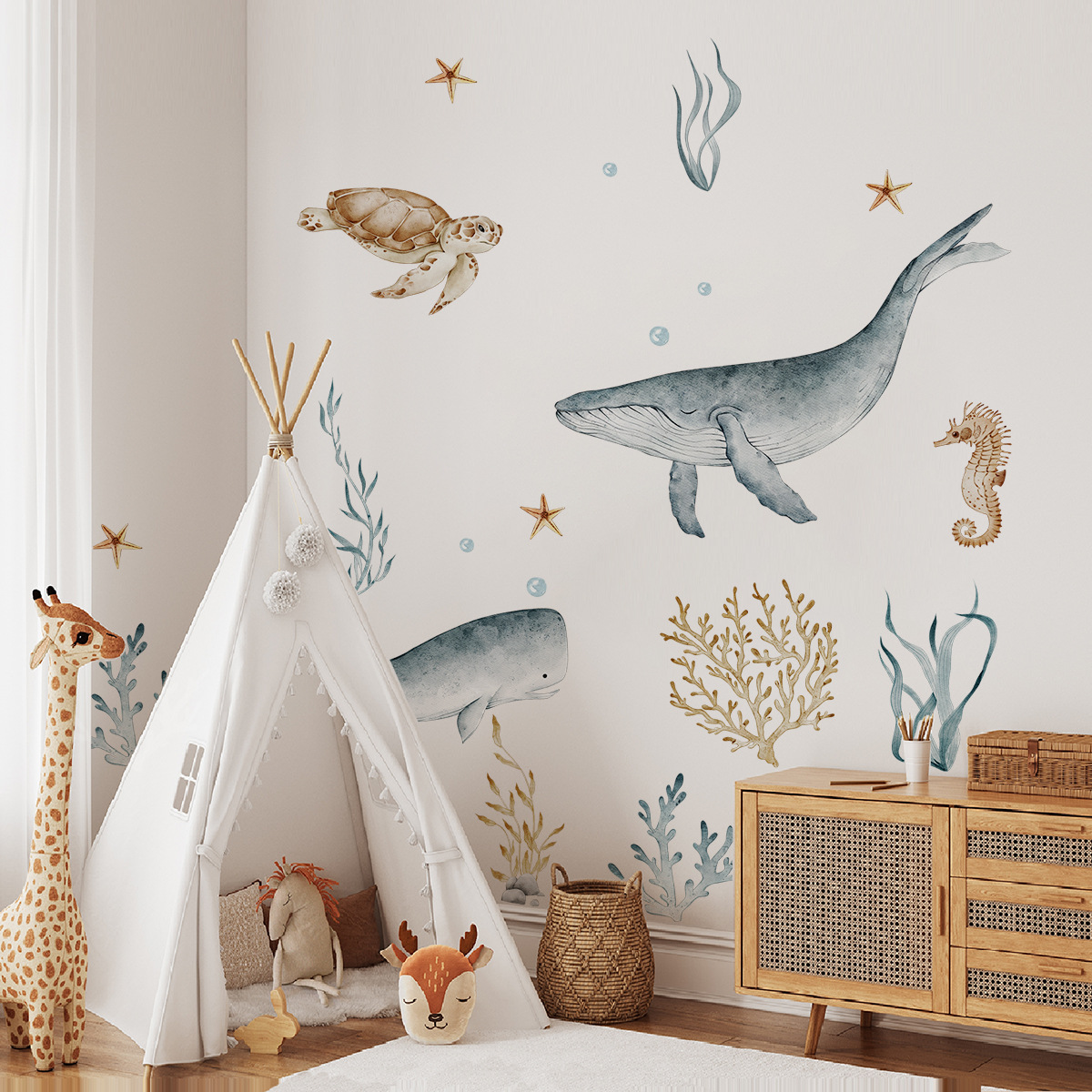 MS3088 large submarine animal whale turtle watercolor style whole wall decorative wall sticker