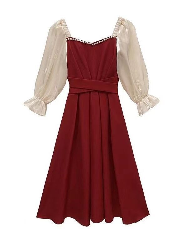 Original in stock Sweet Dress dress Half Sleeve Summer Red Toast Dress Waisted Lace-up Slim Midi Dress
