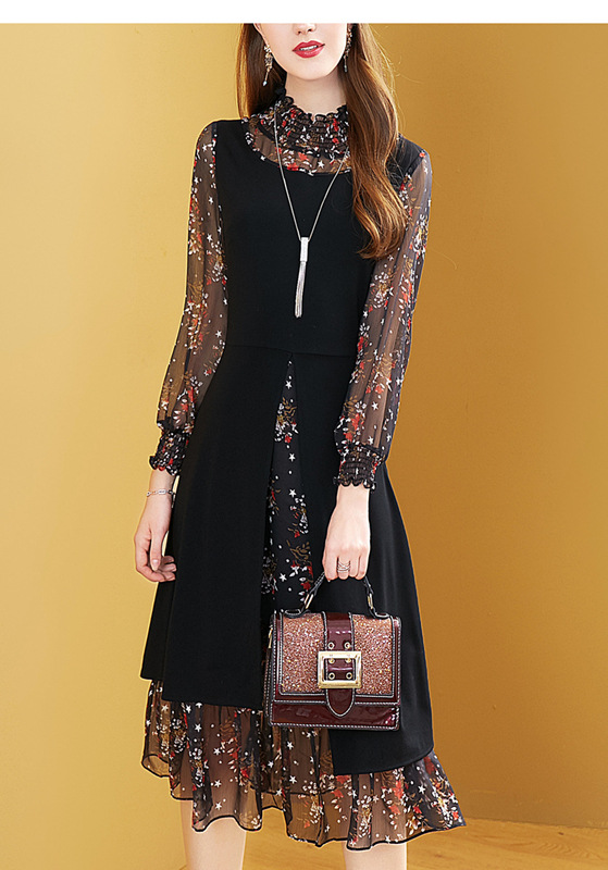 Large size women's clothing 2022 spring and summer new chiffon dress elegant temperament mid-length dress fake two irregular