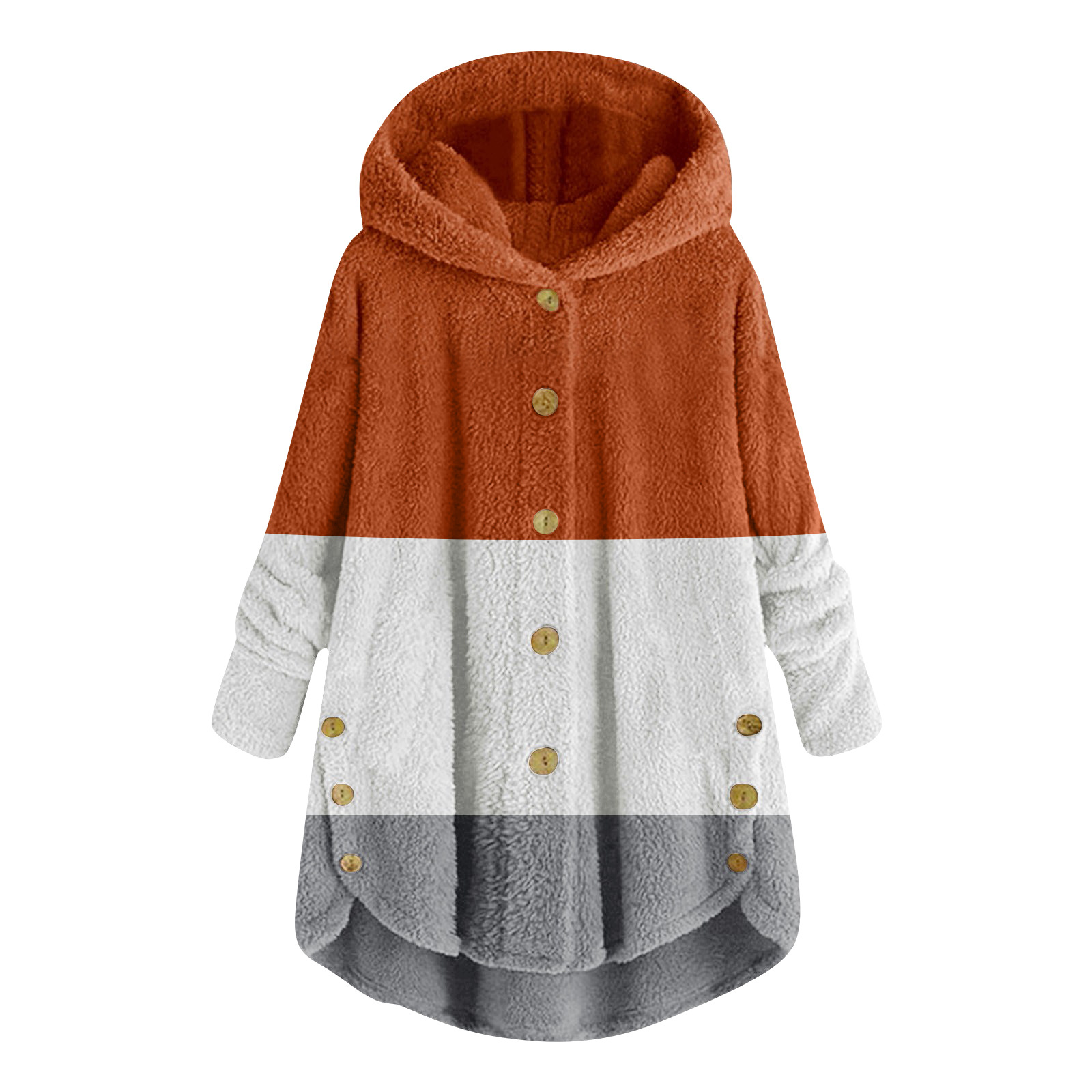 2023 Winter   New Fashion Women's European and American Button Plush Top Color Matching Multicolor Hooded Jacket_voghion.com
