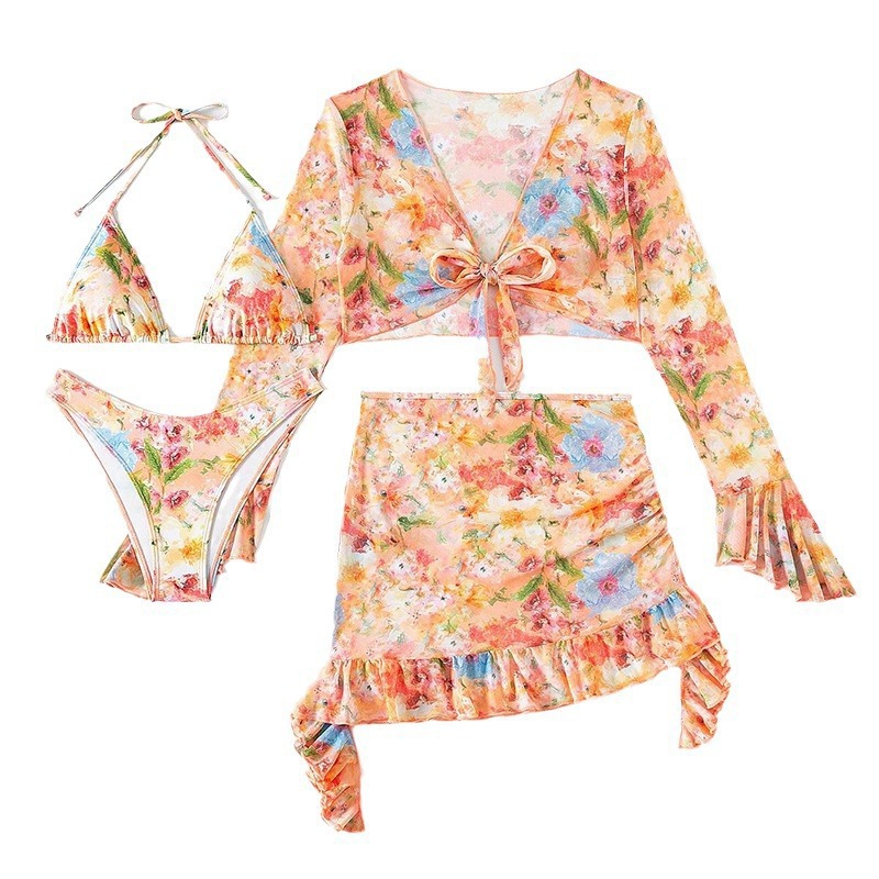 Amazon swimsuit 2024 new European and American printed trendy beach skirt bikini four-piece swimsuit for women