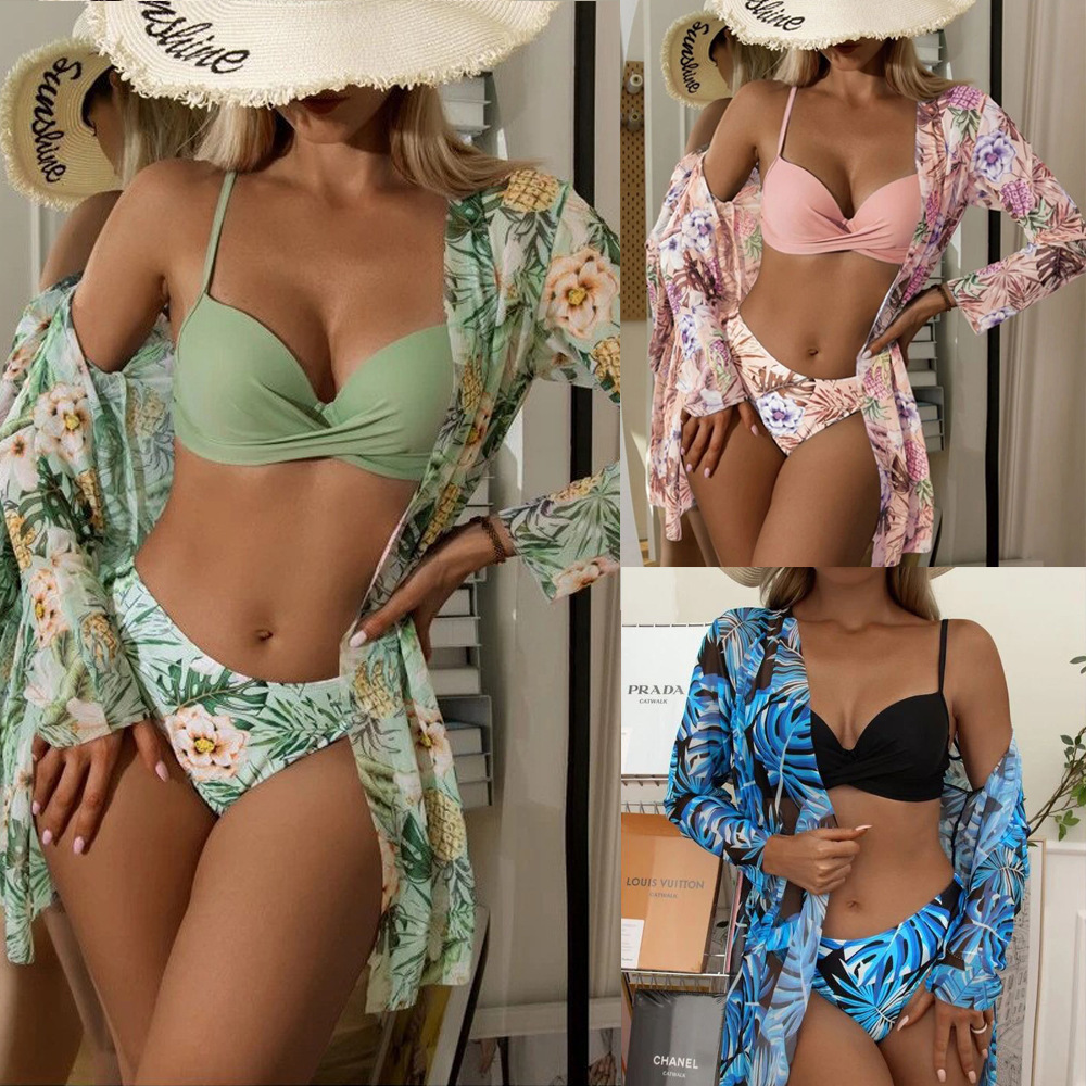 2024 New Swimsuit Three-Piece European and American Gauze Overshirt Kimono Split Bikini Cross-Border Swimsuit