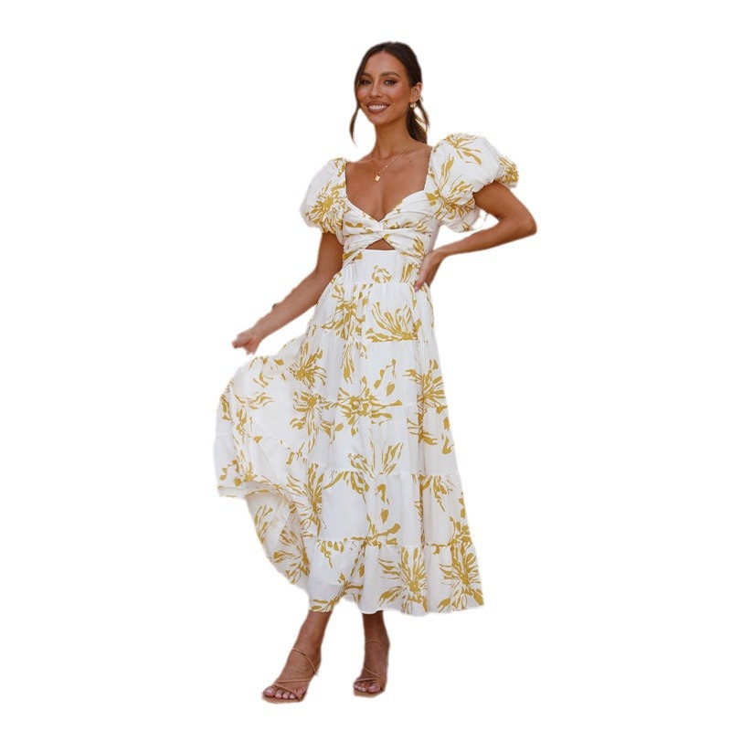 Cross-border Europe and the United States 2024 Spring and Summer New Amazon Elegant Slim-fit Printed Puff Sleeve High-end dress Women