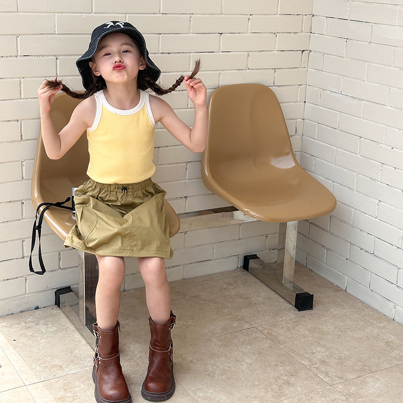 Emo Beibei 2024 Summer Children's Wear Korean-style Color-matching Stretch Pit Strip Small Vest for Girls and Babies