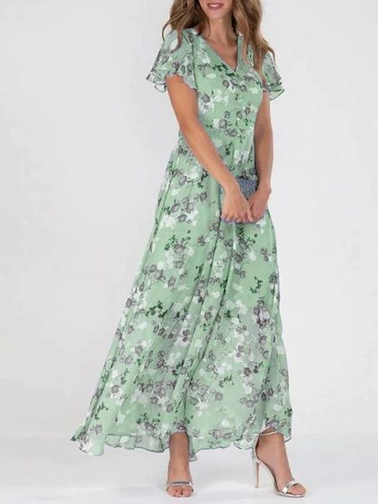 2023 European and American New Beach Large Swing Dress Chiffon Floral Short Sleeve Ruffled V-neck Fashion Tight Waist dress
