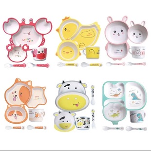 New Cartoon Bamboo Fiber Children's Tableware Set Household Baby's Dielectric Plate Children's Supplementary Food Rice Bowl Spoon and Fork
