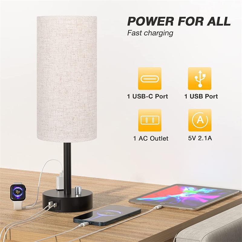 Cross-border dedicated American small table lamp knob switch electrodeless dimming round fabric table lamp USBC Port socket lamp
