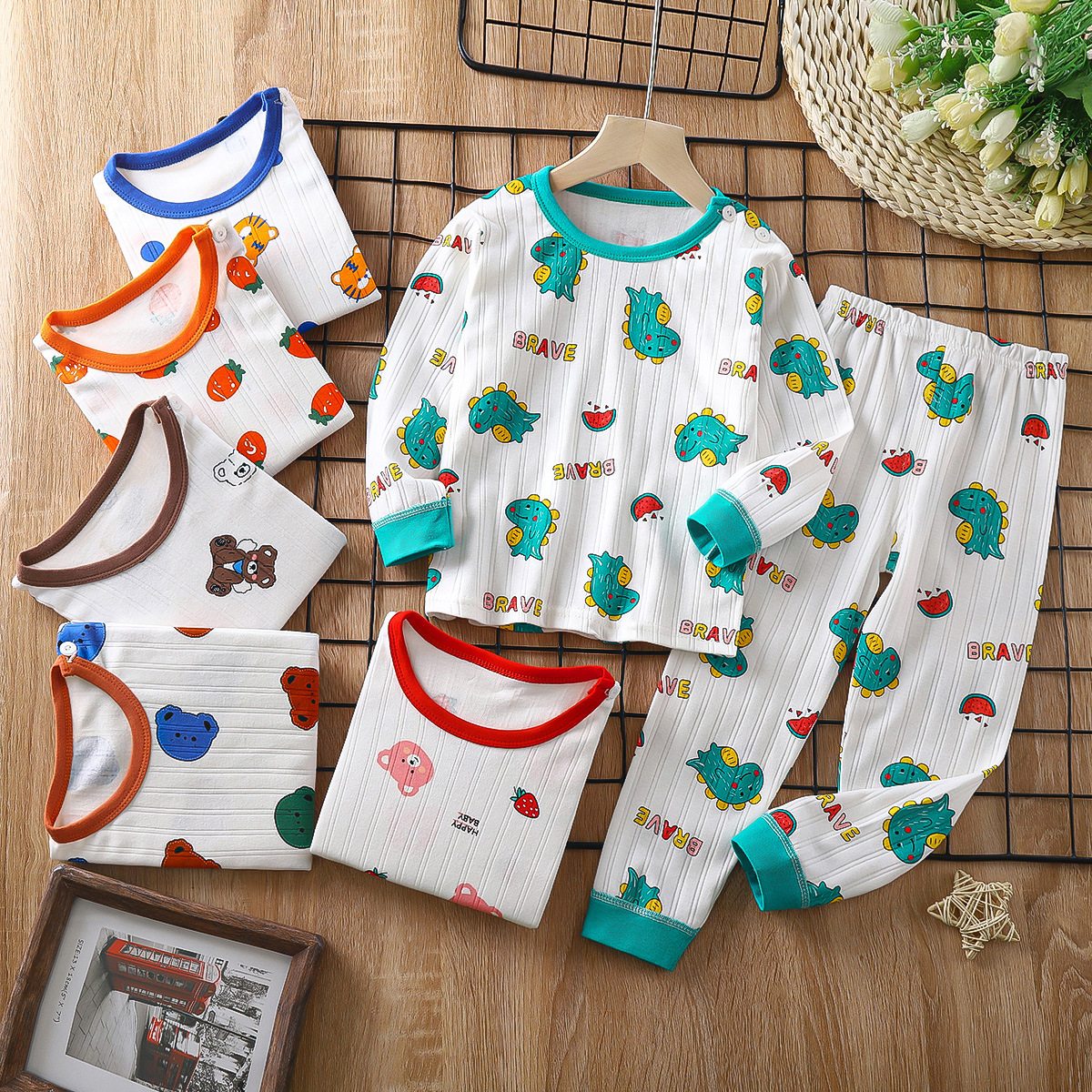Children's autumn clothes long pants boys and girls Autumn New jacquard cotton underwear suit long sleeve pajamas home wear baby
