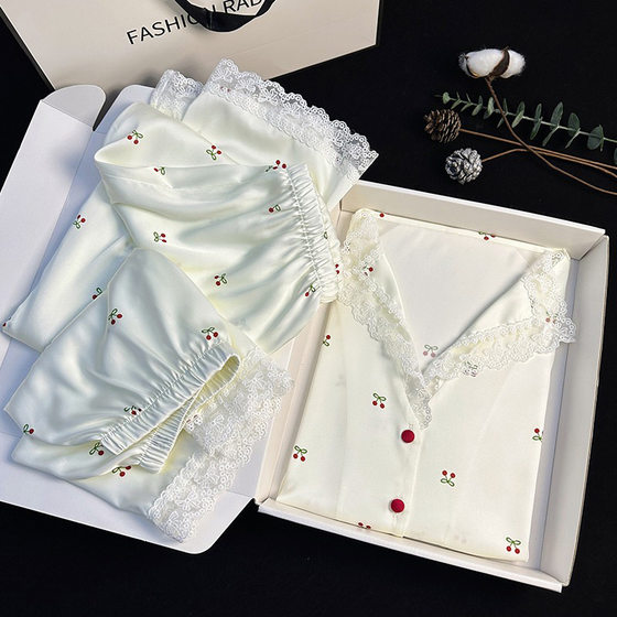 Pajamas women's summer thin ice silk three-piece suit net red cherry can be worn outside high-end ladies home clothes wholesale