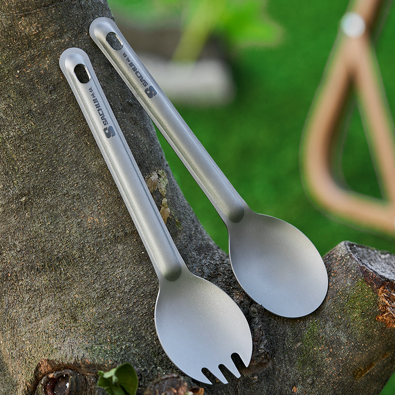 Pure titanium outdoor titanium spoon Fork portable ultra-light titanium tableware fork spoon suit camping titanium combined metal spoon