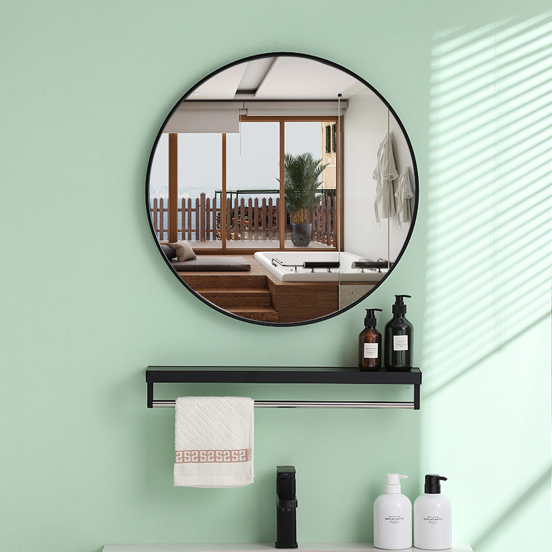 Bathroom Mirror Round with Storage Rack Wall-Mounted Wall-Mounted Makeup Mirror Hand-Washing Table Punch-Free Glass Mirror