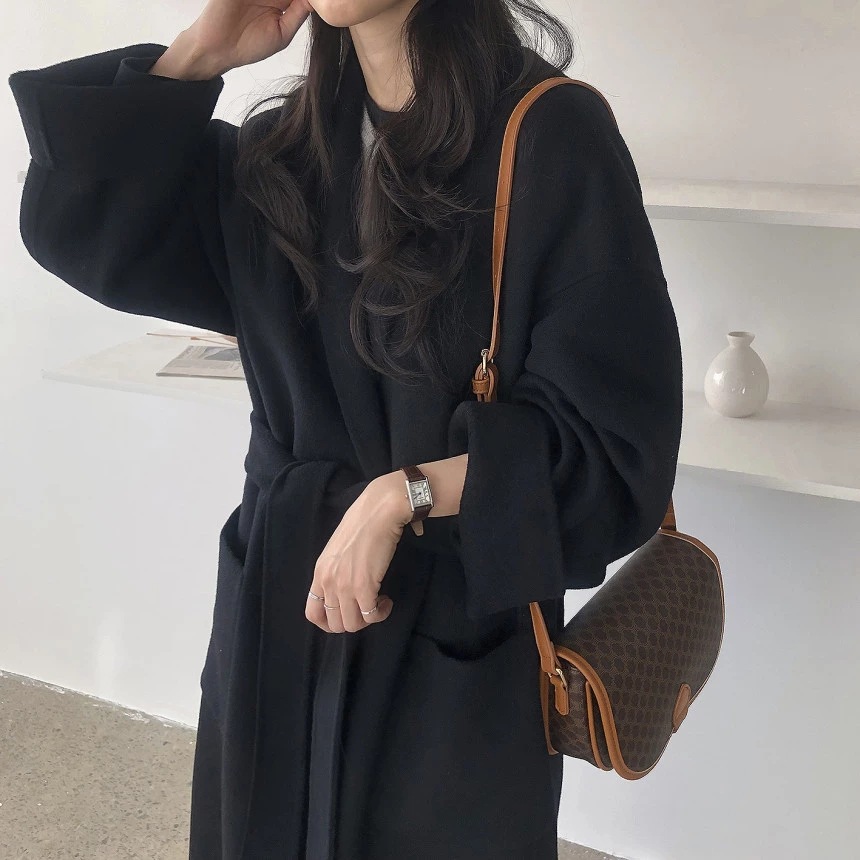 South Korea Dongdaemun 2023 autumn and winter New lace-up cashmere coat Women's Mid-length loose over-the-knee woolen coat_voghion.com