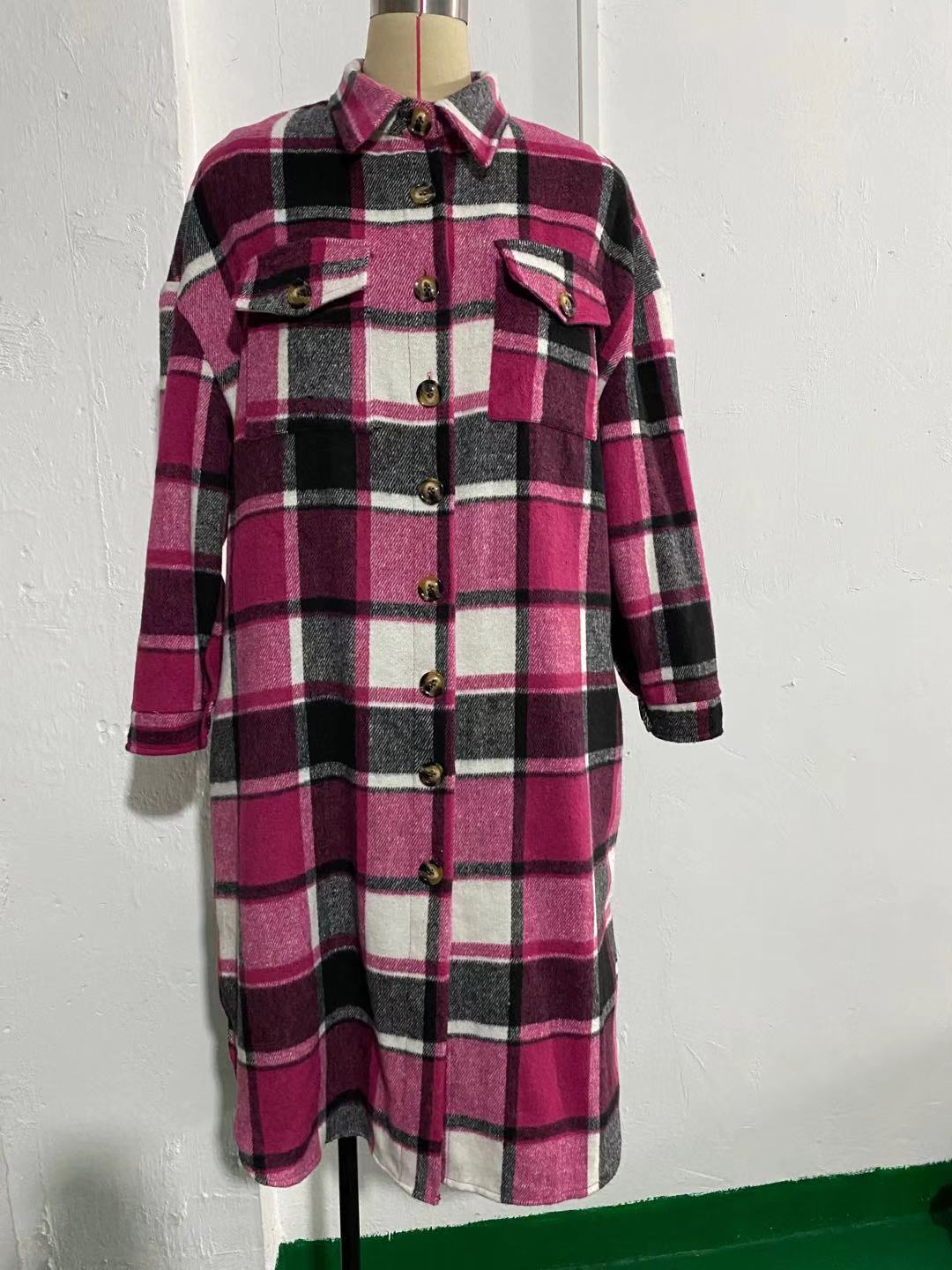 2021 Europe and America Cross-border Autumn and Winter New Women's Large Size Long Split Woolen Plaid Coat Coat_voghion.com