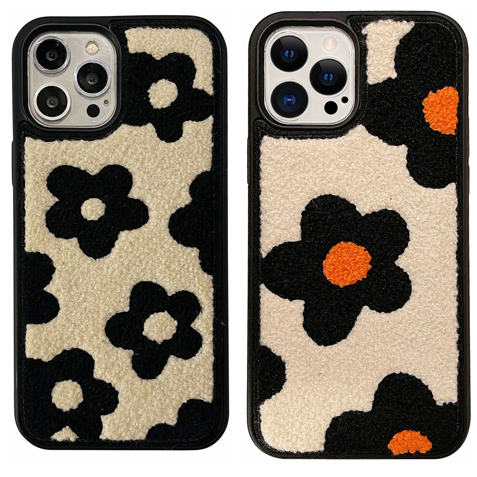 刺繡毛絨黑色橘色花朵適用iphone14Promax蘋果13/1211手機殼15Pro