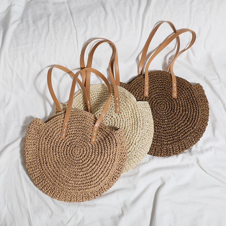 Insシンプル円形シングル肩草編みバッグ夏の清新で甘いビーチバッグ休暇バッグ藤編みシングル肩手提げ|undefined