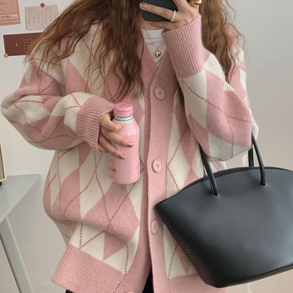 Spring and Autumn New Japanese and Korean-style Diamond-shaped Lazy Style Women's Knitted Cardigan Sweater Loose Contrast Coat Top