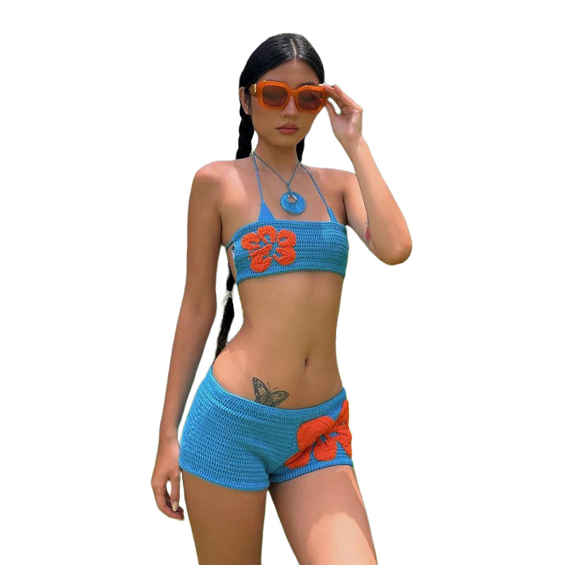 European and American style 2023 Summer new women's fashion strap wrap chest small vest slim low waist shorts knitted suit