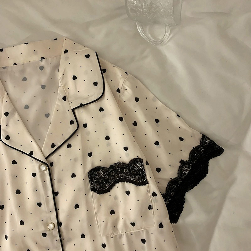 Korean-Style High-End Ice Silk Spring and Summer Thin Women's Love Cardigan Sleepwear Set, Wearable Outdoors, Home Dress Set for Women, Wholesale