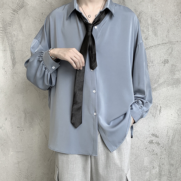 2021春秋季新款韓版長袖男式時尚休閒襯衫垂感褶皺袖口DK制服襯衣
