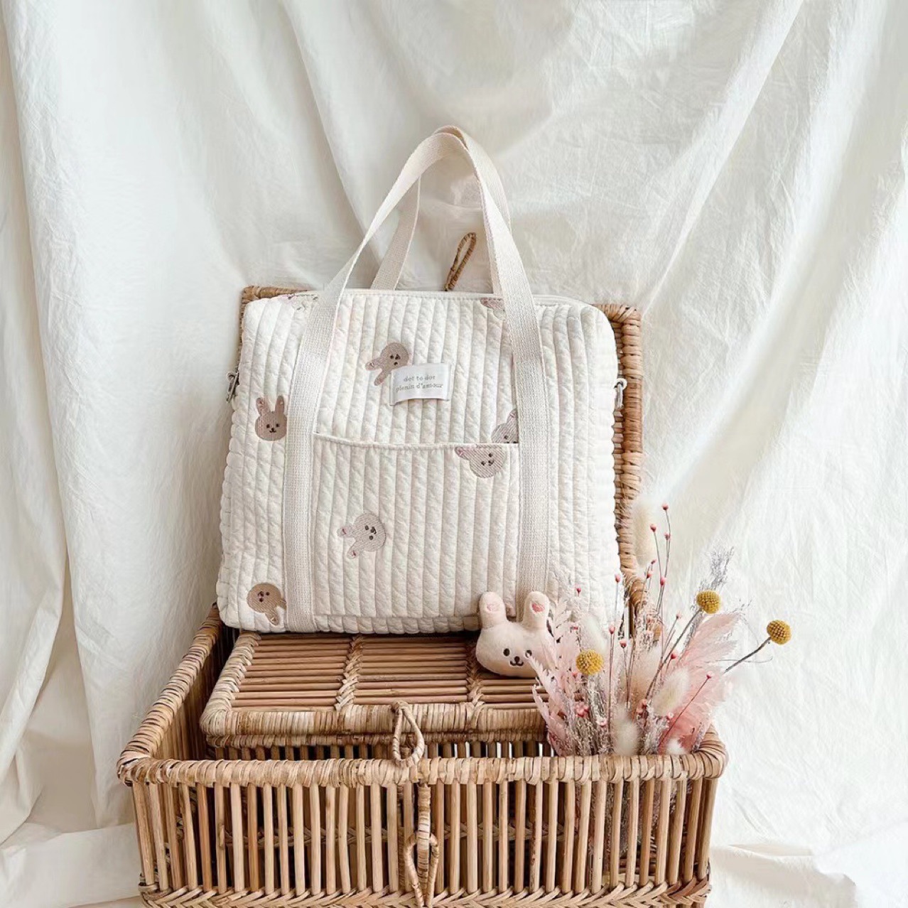 ins Korean Style Cotton Quilted Mummy Bag Tote Bag Zipper Large Capacity Baby Stroller Hanging Bag Diaper Finishing Bag