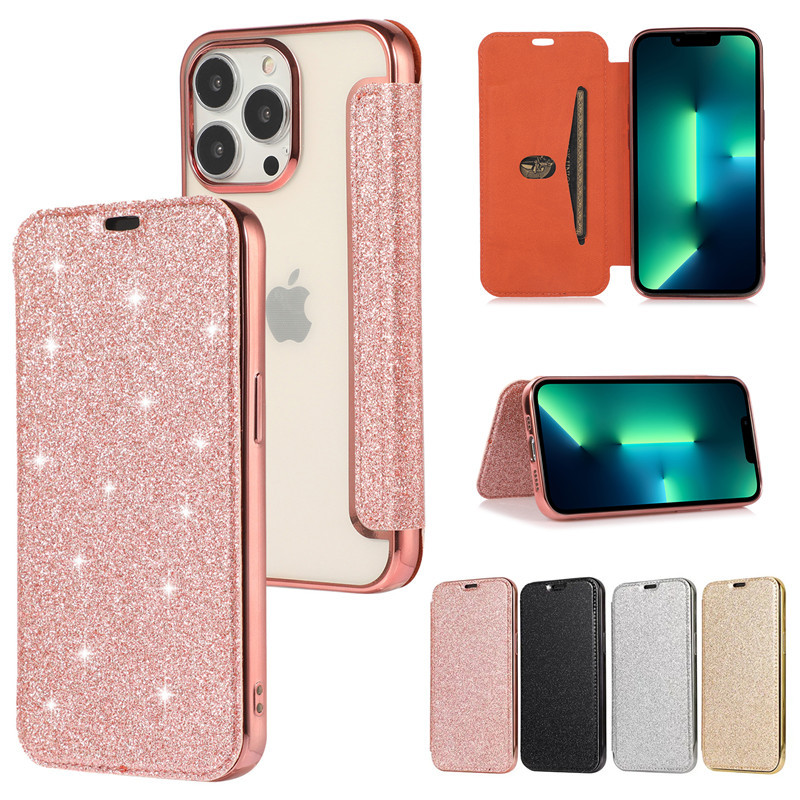 For iPhone14 glitter mobile phone leather case Apple 16 electroplating transparent card protective case TPU fashion all-inclusive