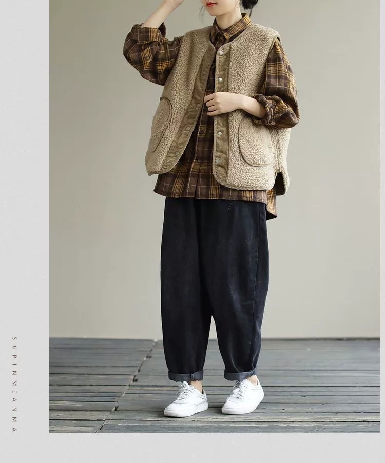 Gilet in pelliccia di agnello bifacciale per donna autunno e inverno Nuovo gilet retrò artistico ampio in velluto a coste cappotto positivo e negativo cappotto imbottito in cotone_voghion.com