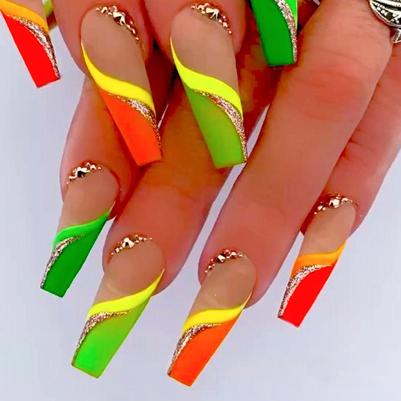 歐美法式彩色爆閃穿戴甲甲片Press on nails美甲貼片成品批發