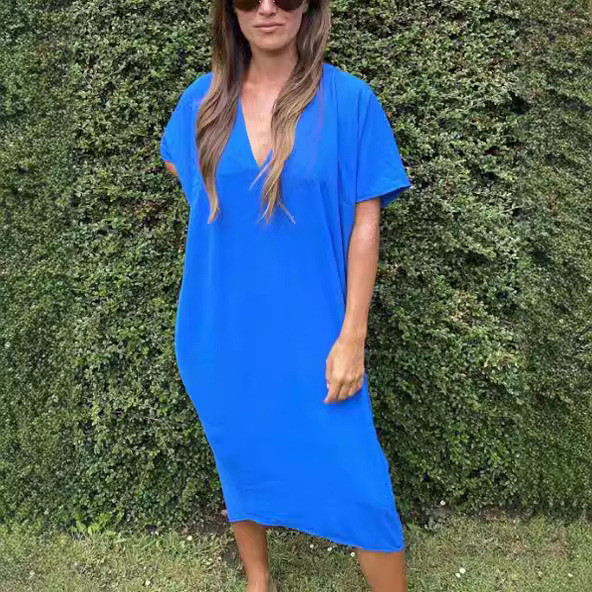 2024 spring and summer new European and American Foreign trade Women's V-neck short sleeve Ice Silk dress cross-border solid color casual midi dress