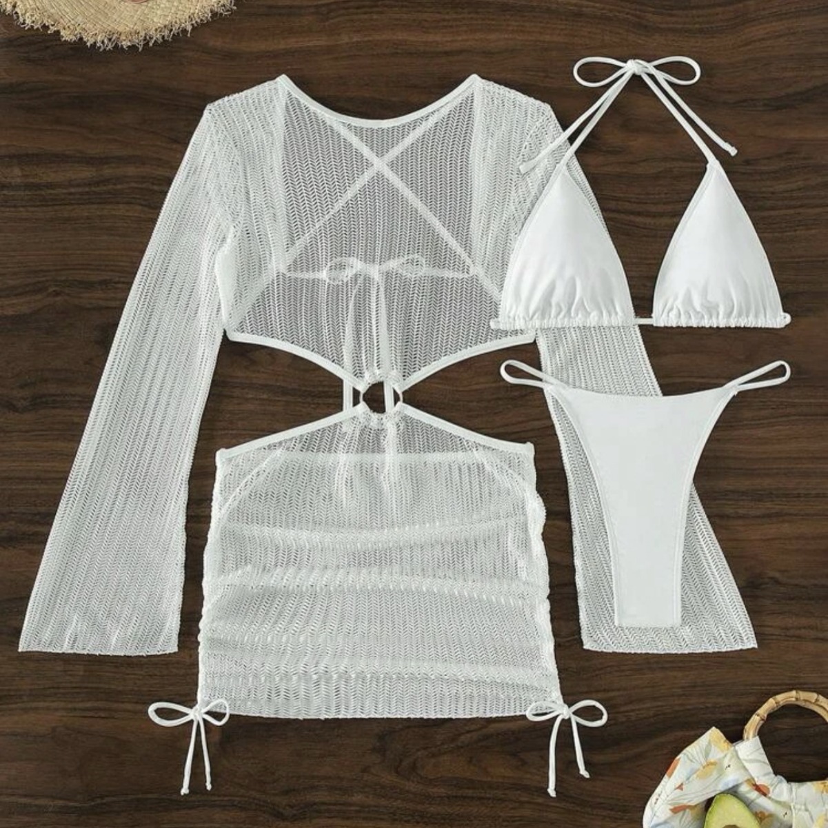 2024 Europe and the United States new special mesh hollow drawstring strap swimsuit swimsuit bikini three-piece cross-border foreign trade