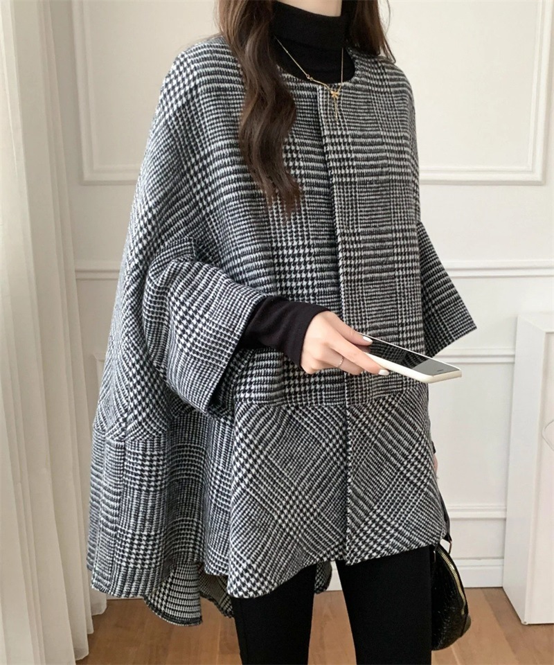 Mid-length cardigan round neck plaid coat cape for women 2024 autumn and winter New Korean style fashion trendy coat for women_voghion.com