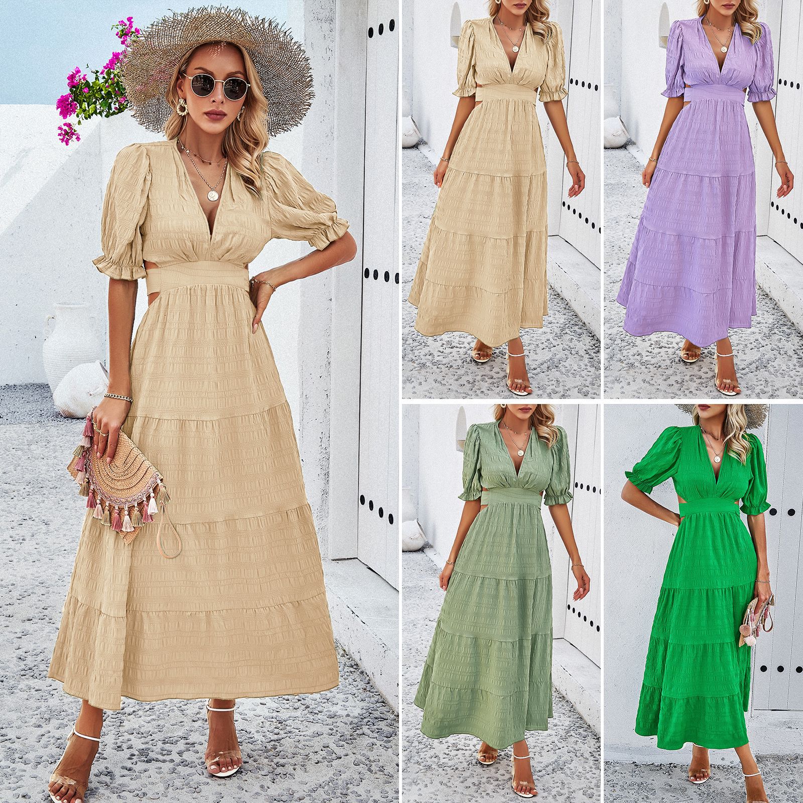 Women's clothing 2024 spring and summer temperament solid color V-neck waist-tight dress