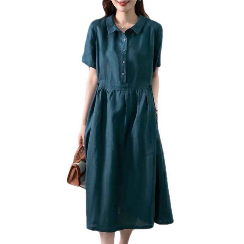2023 Summer New Artistic Loose Stitching Solid Color Cotton and Linen Lap Short-sleeved Dress Women's Mid-length #6536