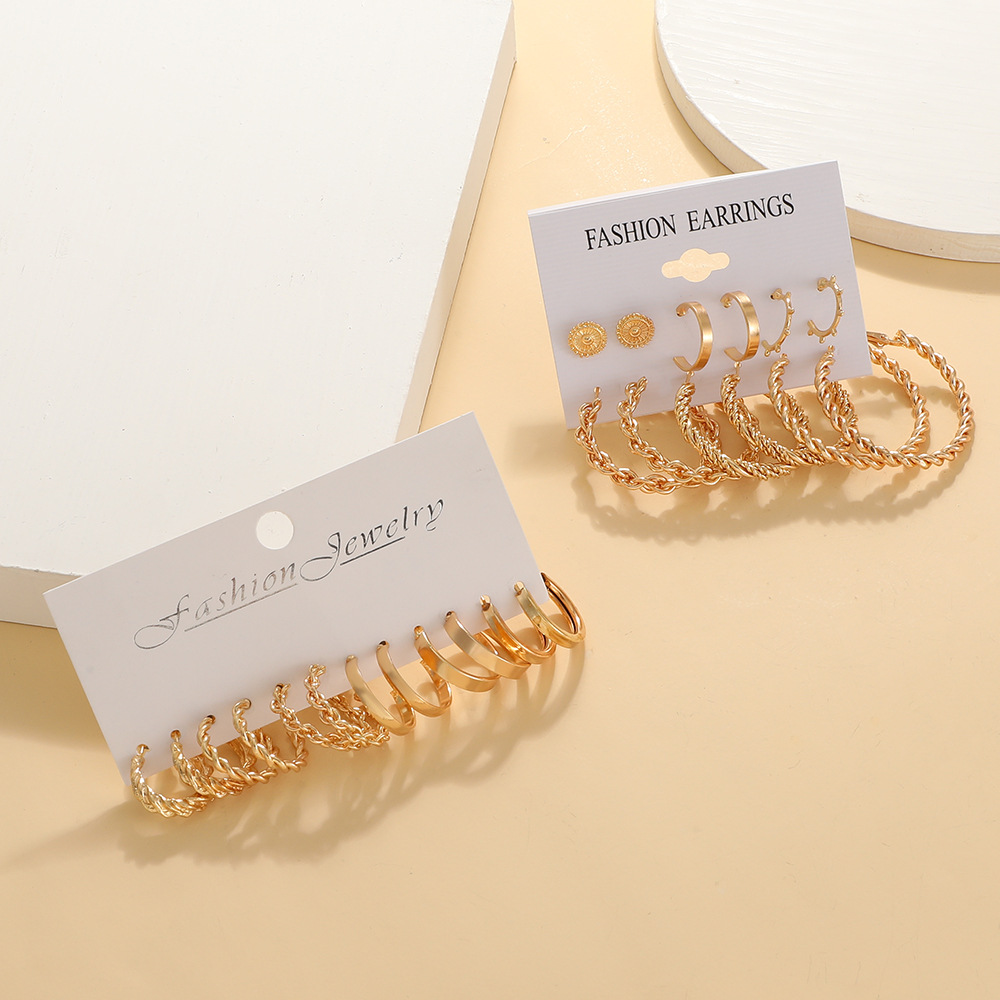 European and American cross-border inlaid pearl geometric women's earrings retro French gold earrings suit 6-piece set