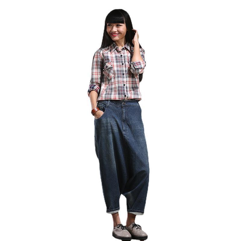 2024 new artistic blue twill cotton Denim large pull-up pants harem pants factory wandering notes