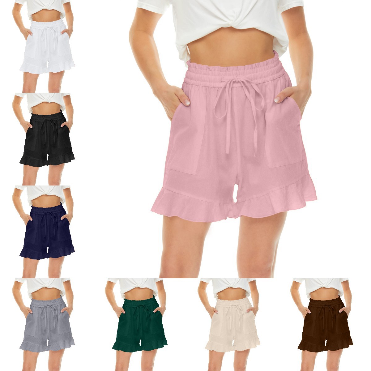 2023 Foreign Trade New Women's Linen Shorts High Waist Wide Leg Drawstring Ruffled Pocket Shorts Home Casual