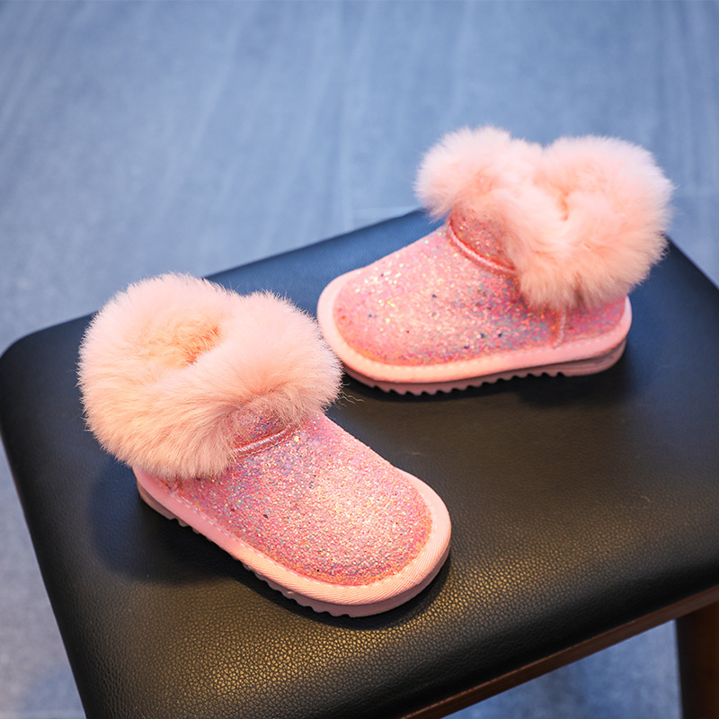 Toddler shoes winter thickened men's and women's boots with velvet warm cold-proof sequins baby cotton boots snow boots children's shoes