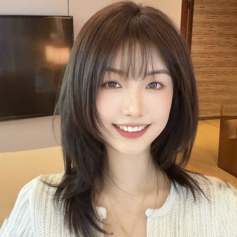Wig women's short hair net red clavicle hairstyle full head cover age-reducing natural round face wave head mid-length hair wig