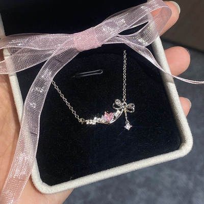 Girl's Bow Necklace Women's Light Luxury Pink Zircon Love Butterfly Dream Clavicle Chain Stainless Steel Heart-to-Heart Chain