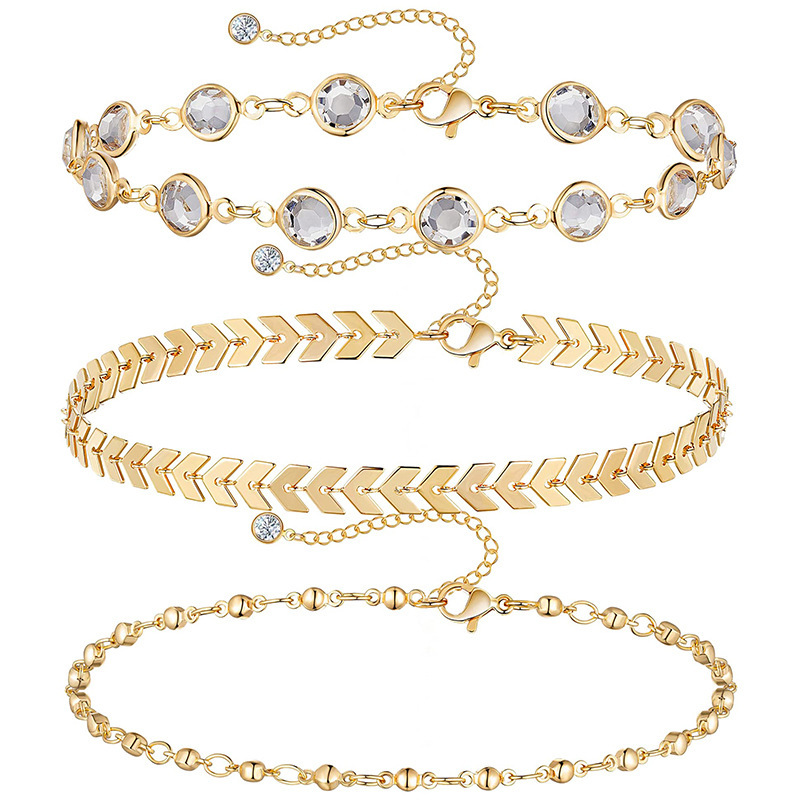 European and American Cross-border Fashion Fishbone Chain Anklet Summer Beach Anklet Women's Bead Chain Arrow Zircon Three-piece Foot Set
