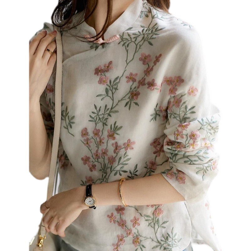 Printed 2023 Summer Chinese Modified Cheongsam Top Peach Blossom Shirt Vintage Button Long Sleeve Printed Shirt for Women