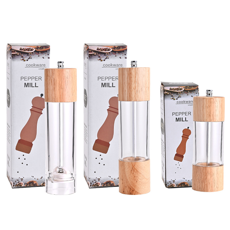 Oak Cylindrical Manual Grinder Transparent Pepper Mill Salt Grinding Ceramic Core Multi-use Seasoning Bottle Kitchen Tools