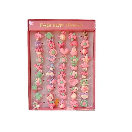 Cross Border Children Cartoon Flower Ring 50 Boxed Open Frosted Plastic Ring Birthday Gift Kindergarten