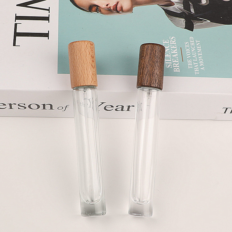 Perfume sub-bottle high-end portable 10ml glass spray bottle square cylindrical empty bottle walnut Beech cover