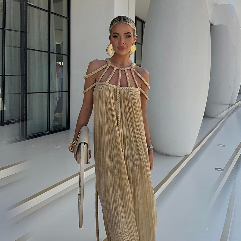 2024 new cross-border European and American spring women's long dress lace off-shoulder sexy halter loose holiday beach dress