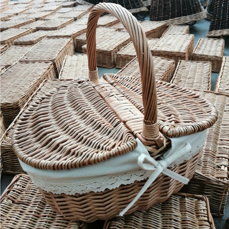 柳編みの竹編みの藤編みの手提げかごの蓋付きの大きいサイズの屋外のピクニックかごの買い物かごの野菜かごの摘み取りかごの収納かご|undefined