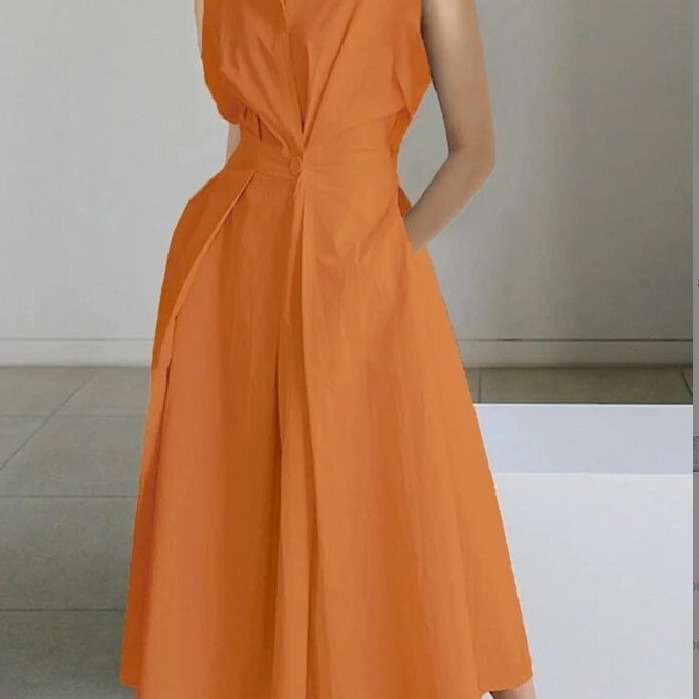 European and American cross-border dress 2024 Summer new commuter fashion solid color V-neck women's button large swing dress