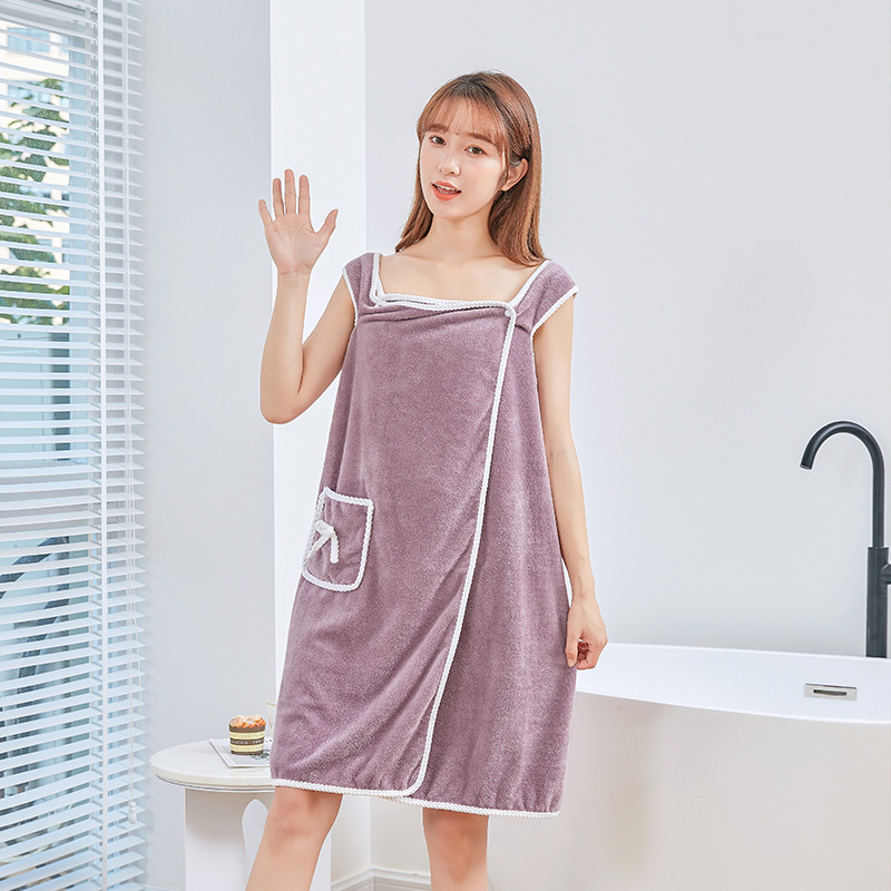 Coral Fleece Thickened Bath Dress Tube Top Soft Thickened Absorbent Cute Bow Pocket Wearable Bath Towel Sling Bath Dress