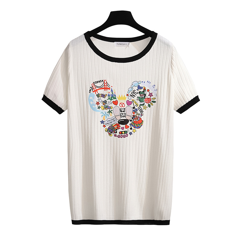 Large size women's summer ice silk small fragrant wind knitted jacket fat MM slim 200/300kg short sleeve T-shirt 8156