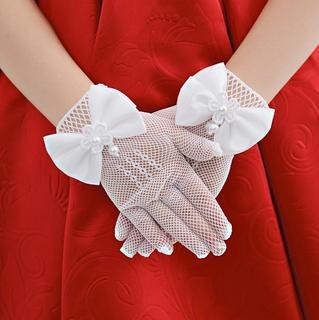 子供の王女のドレスのメッシュの蝶結びの手袋の舞台は結婚式の花の子供の純白の薄い手袋の卸売りを演じます。|undefined